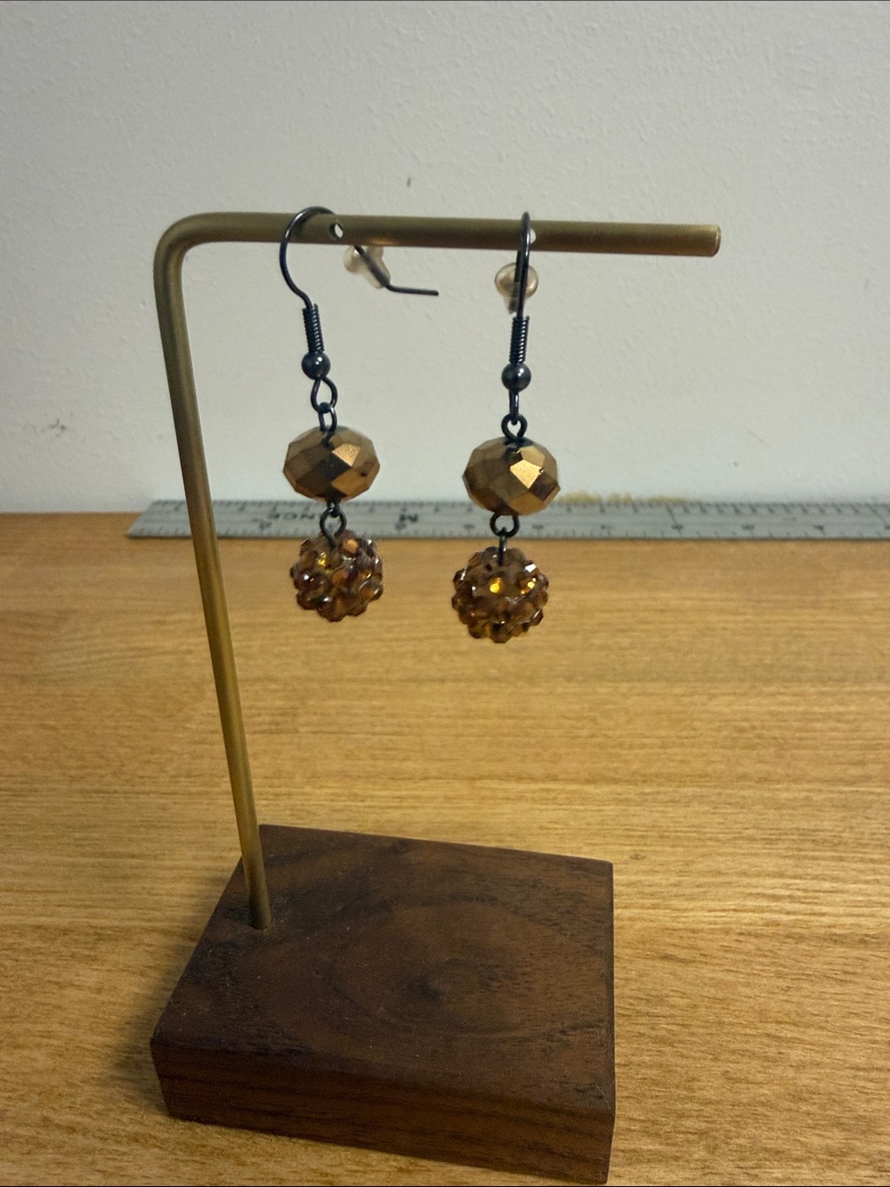 Gold bronze tone dainty dangle earrings rhinestone crystal fall warm